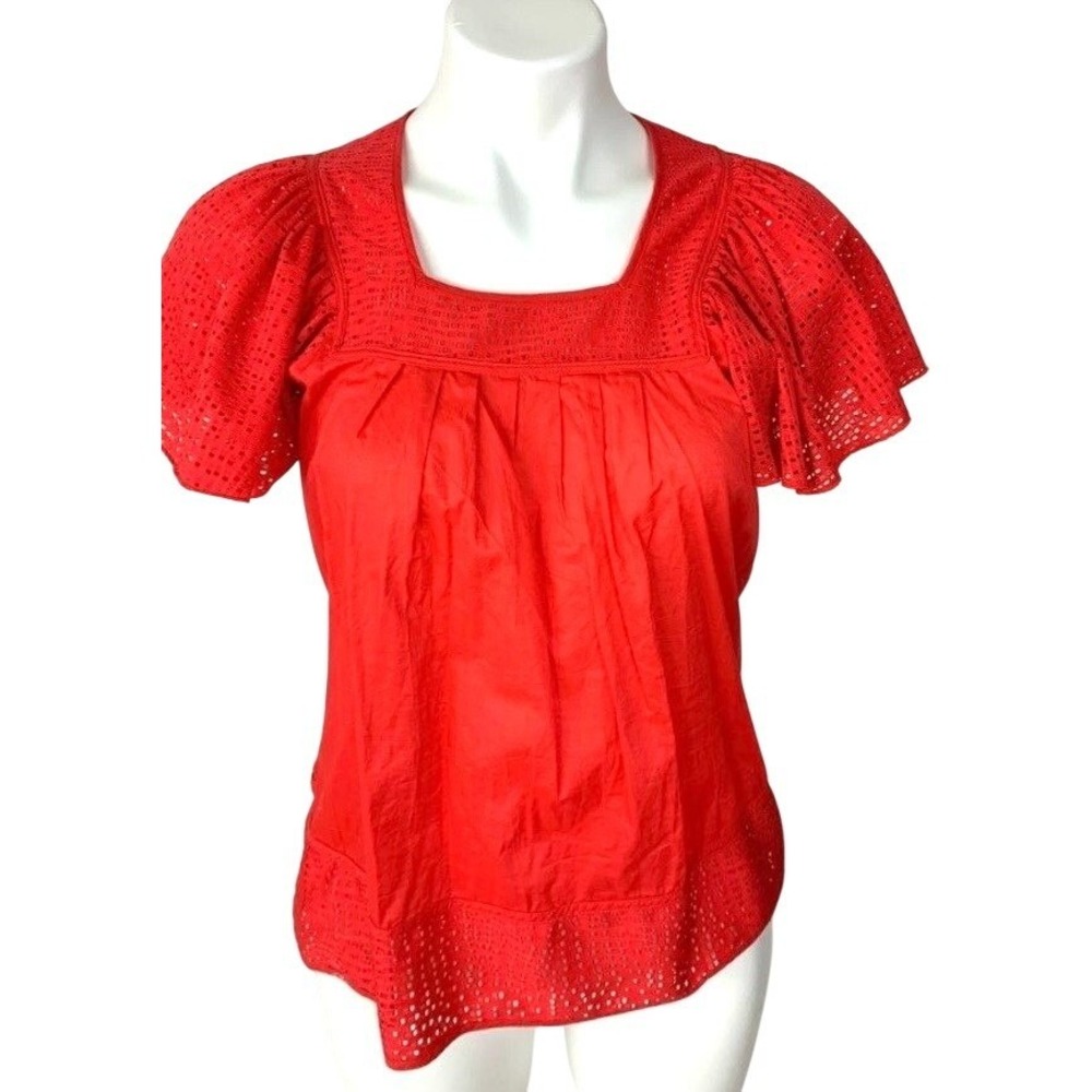Anthropologie Pepin Red Eyelet Flutter Sleeve Square Neck Blouse Top Size M